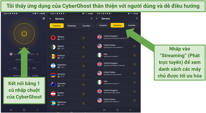 Screenshot of Cyberghost's Android app, indicating where to find its list of optimized servers and where to click 