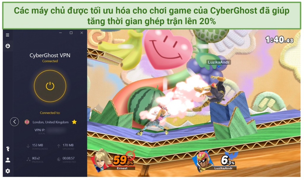 Screenshot of CyberGhost VPN working well with Super Smash Bros. Ultimate
