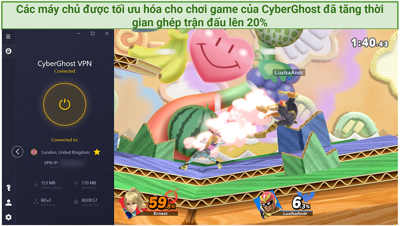 Screenshot of CyberGhost VPN working well with Super Smash Bros. Ultimate