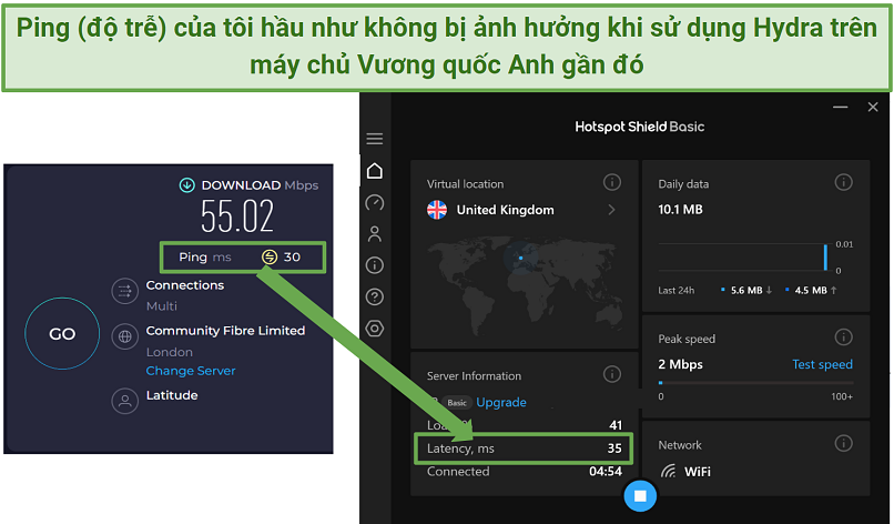 Screenshot showing Hotspot Shield Free VPN affect on ping or latency