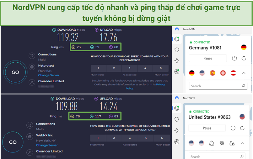 A screenshot of NordVPN's speed test results on servers in Germany and the US
