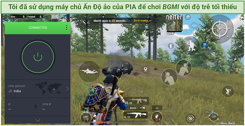 Screenshot of BGMI gameplay with PIA connected