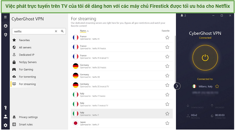 Screenshot of CyberGhost Windows app highlighting the Netflix-optimized servers
