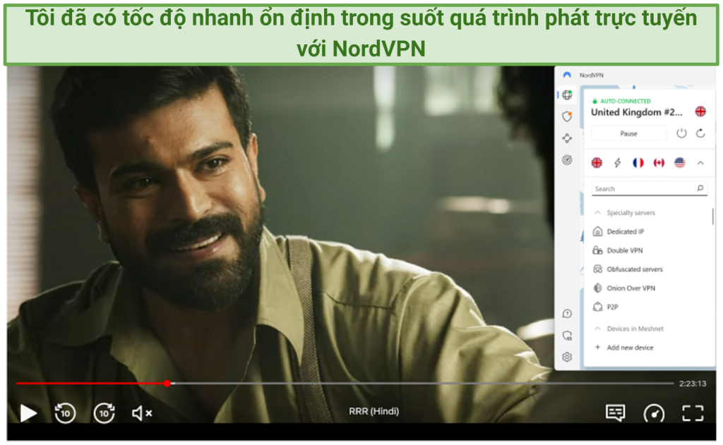A screenshot of RRR playing on Netflix while connected to one of NordVPN's UK servers