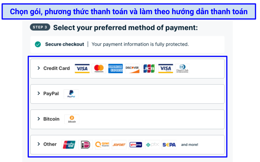 Screenshot of ExpressVPN's payment method options