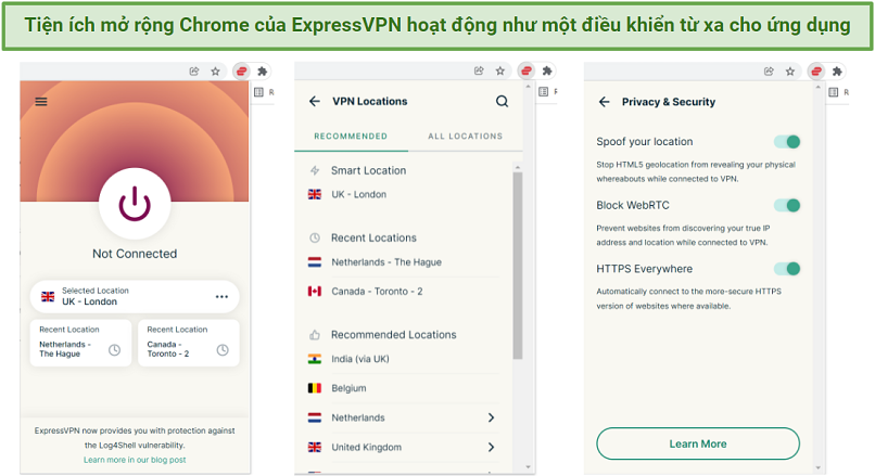 Screenshot showing the interface and features of the ExpressVPN Chrome extension