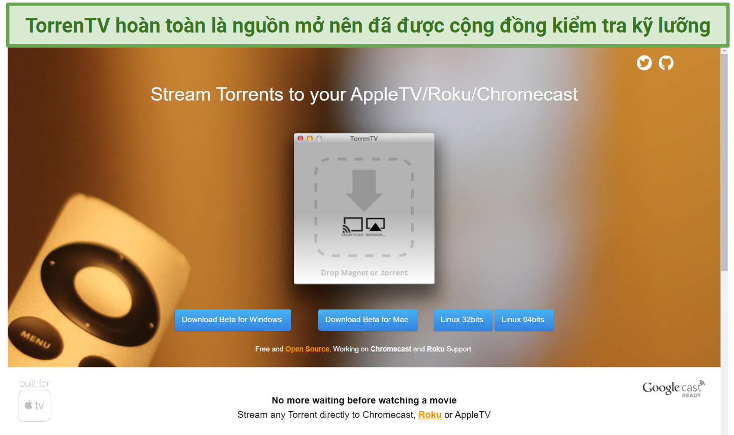 Screenshot of TorrenTV homepage with download options for different devices.