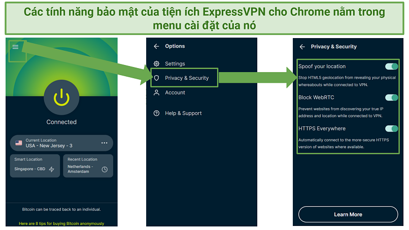 Screenshot showing how to access security settings on the ExpressVPN Chrome extension interface