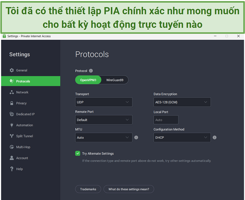 Screenshot of PIA's highly customizable performance and security settings.