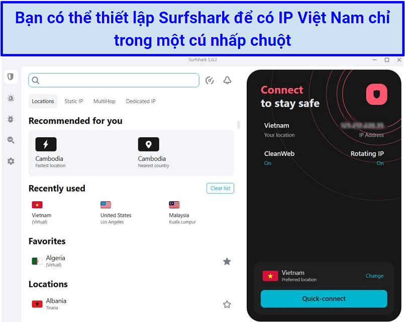 Screenshot of Surfshark app dashboard with Vietnam set as the Quick-connect server.
