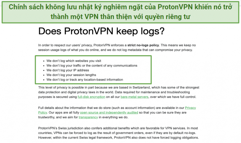Screenshot of Proton VPN's logging policy