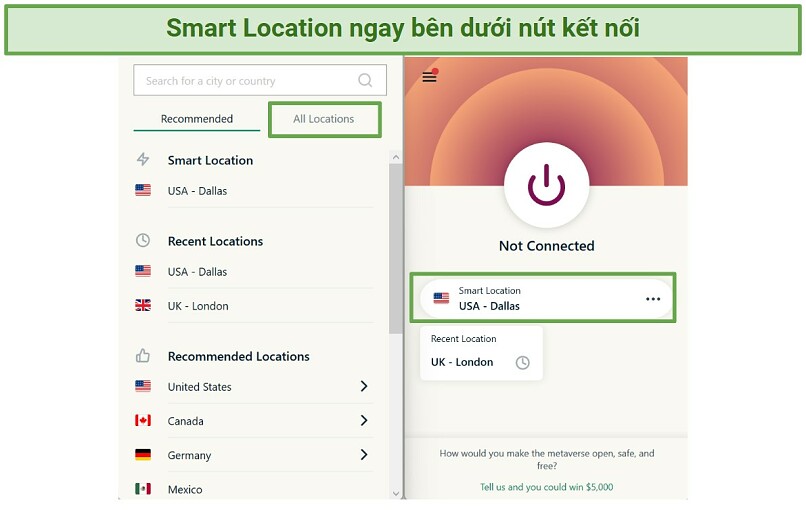 Screenshot of ExpressVPN app showing where to find Smart Location and server list