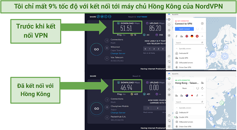 Speed test showing starting speeds versus NordVPN's speeds while connected to Hong Kong