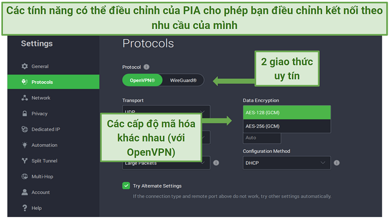 PIA's Windows app displaying different protocol and encryption settings