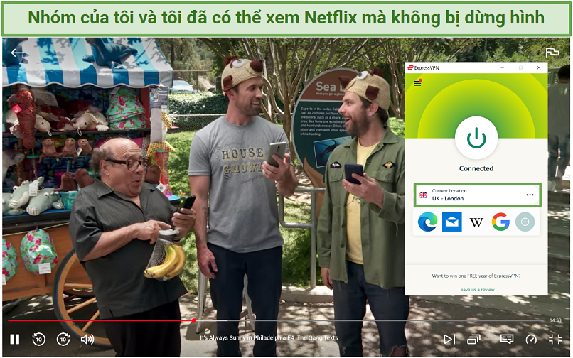 Screenshot of Netflix player streaming It's Always Sunny in Philadelphia while connected to ExpressVPN's UK Luân Đôn server