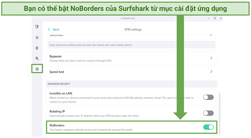 screenshot showing how to enable Surfshark's NoBorders feature on its Windows app