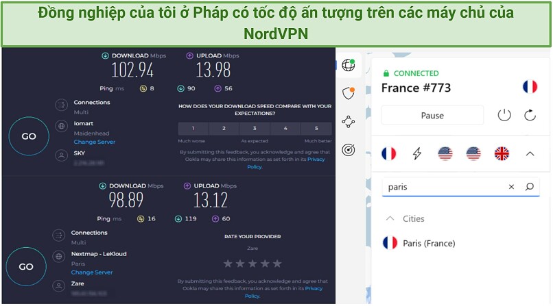 Screenshot of NordVPN's speed connected to a France server