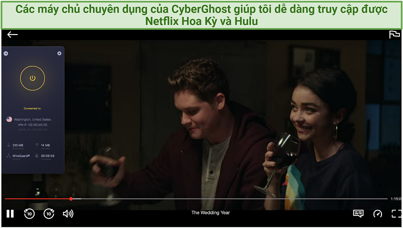  Screenshot showing the CyberGhost app connected to a US server over a browser streaming Netflix
