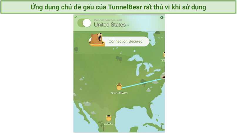 Screenshot showing TunnelBear's quirky app