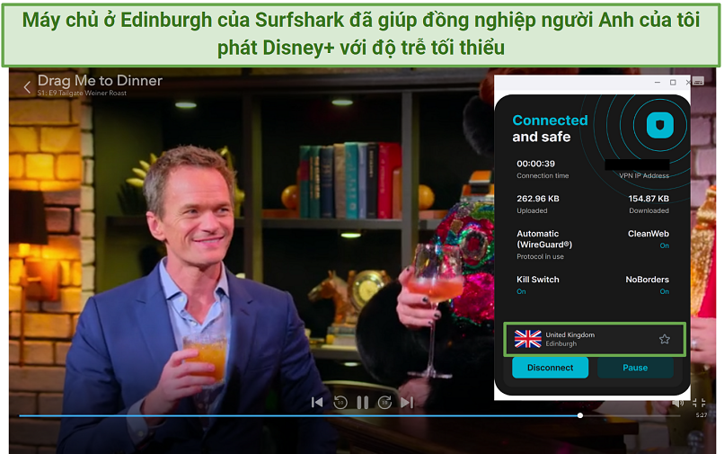Screenshot of Surfshark working with Disney+ UK on its Edinburgh server