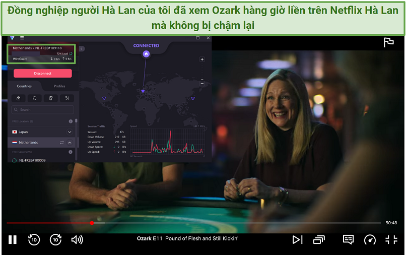 Screenshot of Netflix streaming Ozark with Proton VPN active