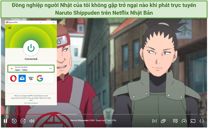 Screenshot of Netflix streaming Naruto Shippuden with ExpressVPN active