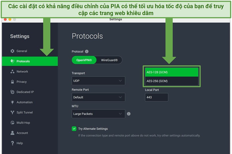 A screenshot showing how to switch encryption levels in the settings panel on the PIA app