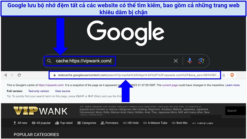 A screenshot showing how to use Google's Search Engine Cache to access blocked porn sites