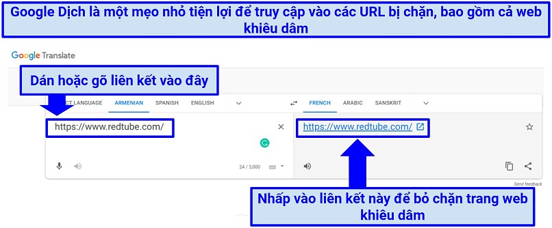 A screenshot showing you can use Google Translate to unblock porn websites