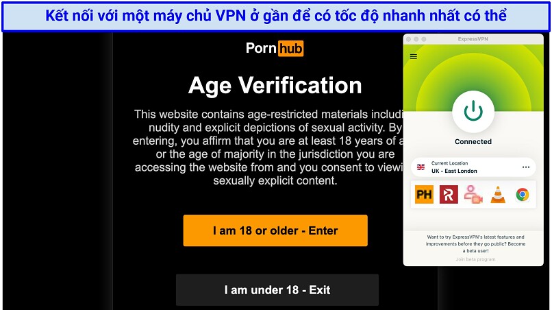 A screenshot showing the ExpressVPN app connected to a server in the UK over the PornHub age verification page