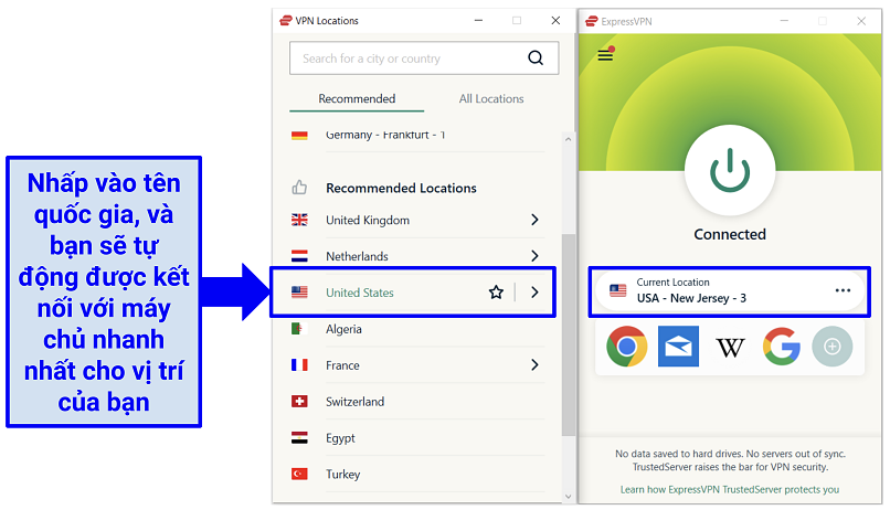 Screenshot of ExpressVPN's interface showing how to connect to the fastest server in a given country.