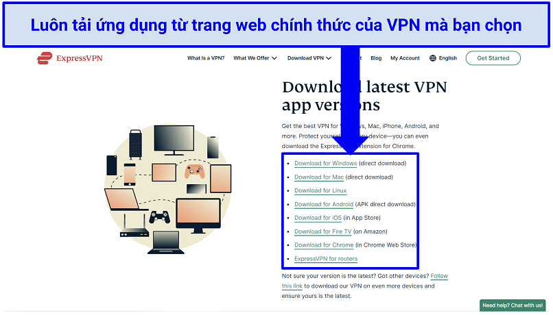Screenshot of ExpressVPN's app download page.
