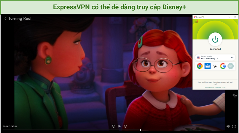 Ảnh chụp màn hình Disney+ được truy cập bằng ExpressVPN và đang phát phim Gấu đỏ biến hình.