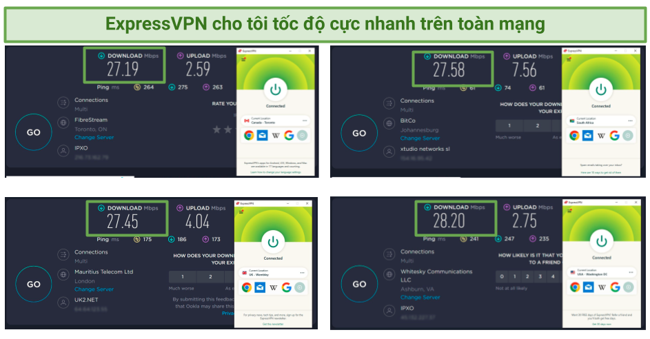 A screenshot showing ExpressVPN's has great speeds while connected to various servers worldwide.
