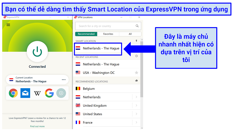 The ExpressVPN app with indication of where to find the Smart Location, for the fastest server available