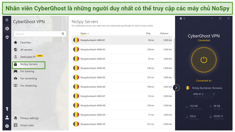 Screenshot showing CyberGhost's list of NoSpy servers in Romania
