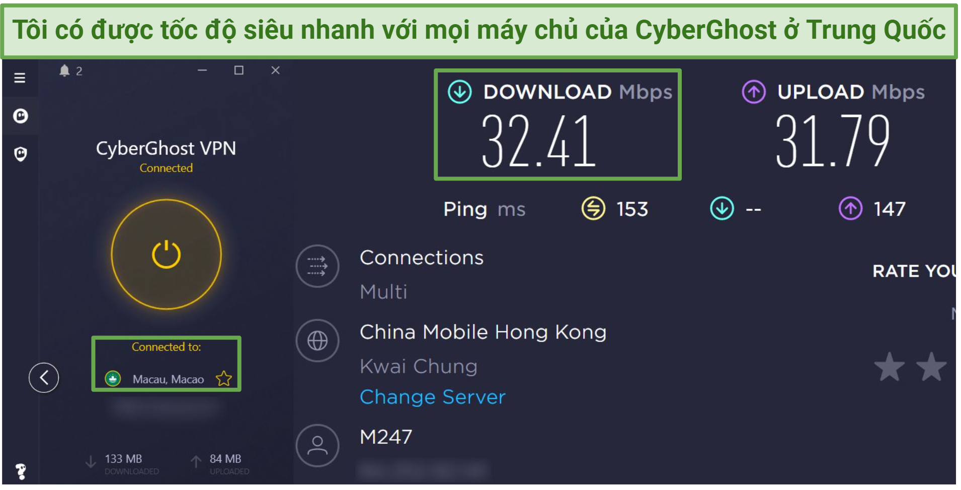 Screenshot of speed test results for a CyberGhost China VPN server