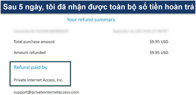 Screenshot showing the money-back guarantee refund issued by PIA