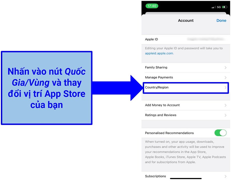 Ảnh chụp màn hình cửa sổ Thay Đổi Quốc Gia trên iOS