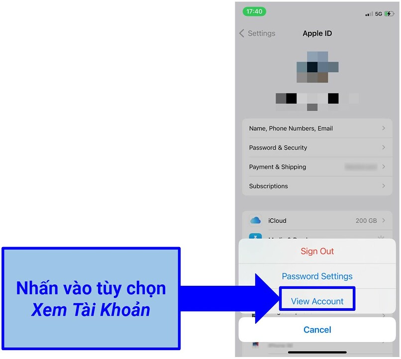  Ảnh chụp màn hình bảng Xem tài khoản bật lên trên iOS