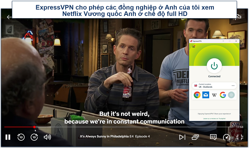 Screenshot of It's Always Sunny streaming on Netflix UK with ExpressVPN connected