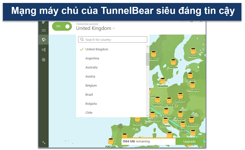 Screenshot of TunnelBear's server list