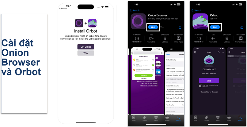 Screenshot of the Onion Browser and Orbot on the Apple's App Store