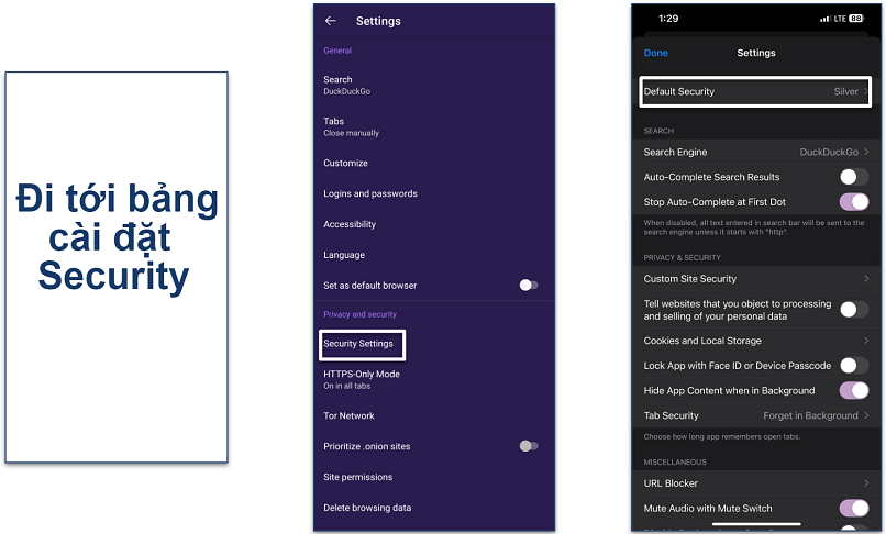 Screenshot of the security settings button for Tor Browser and Onion Browser