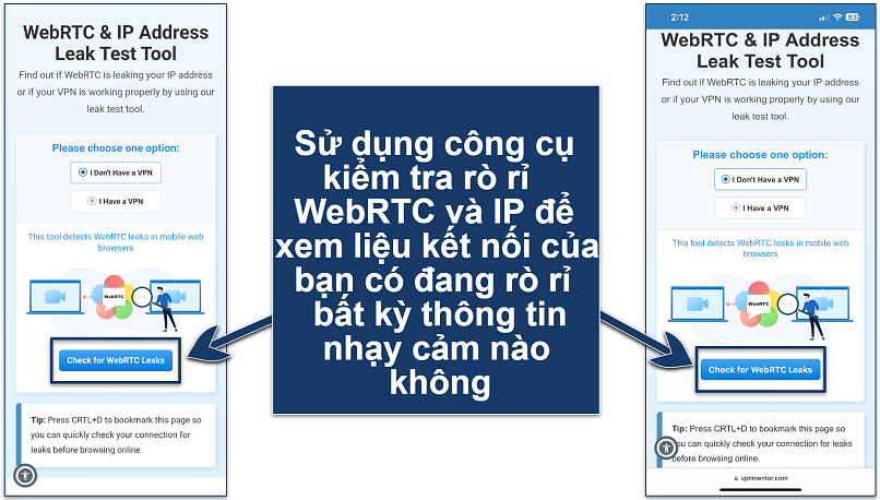 Screenshot of VpnMentor's WebRTC and IP address leak test tool