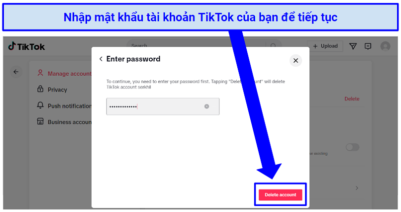 Screenshot of TikTok deletion confirmation screen