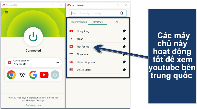 Screenshot of the ExpressVPN Windows app connected to 'Pick for Me' server with 'Favorite' VPN location list.