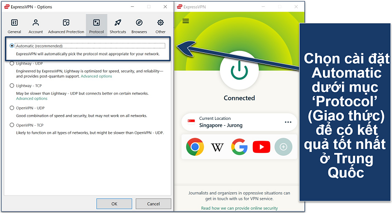 Ảnh chụp màn hình ứng dụng Windows của ExpressVPN kết nối đến máy chủ Singapore với cài đặt giao thức 'Automatic'.