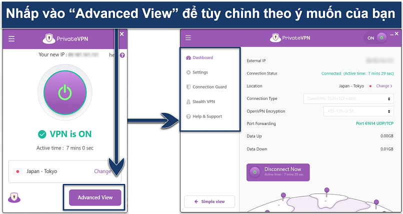 Ảnh chụp màn hình ứng dụng PrivateVPN Windows đang được kết nối tới máy chủ Nhật Bản - Tokyo với Advanced View.