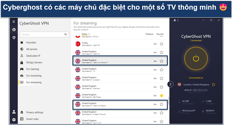 Ảnh chụp màn hình ứng dụng CyberGhost cho thấy các máy chủ được tối ưu hóa cho phát trực tuyến